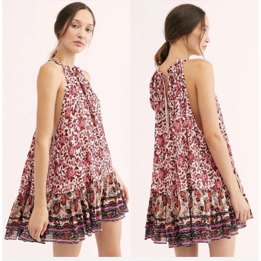Free People Floral Halter Swing Mini Dress Ruffle Hem NWOT Size XS